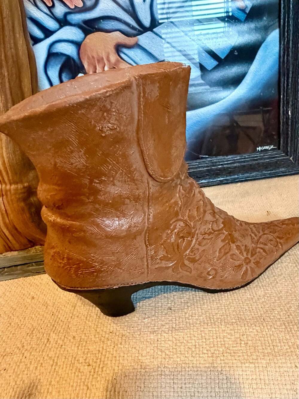 Vintage Ceramic Cowboy Boot Planter Vase Floral Embossed Brown